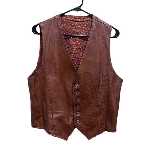 Vintage Handmade Faux Leather Western Vest O/S Floral Cotton Lining Brown Ranch - Picture 2 of 9